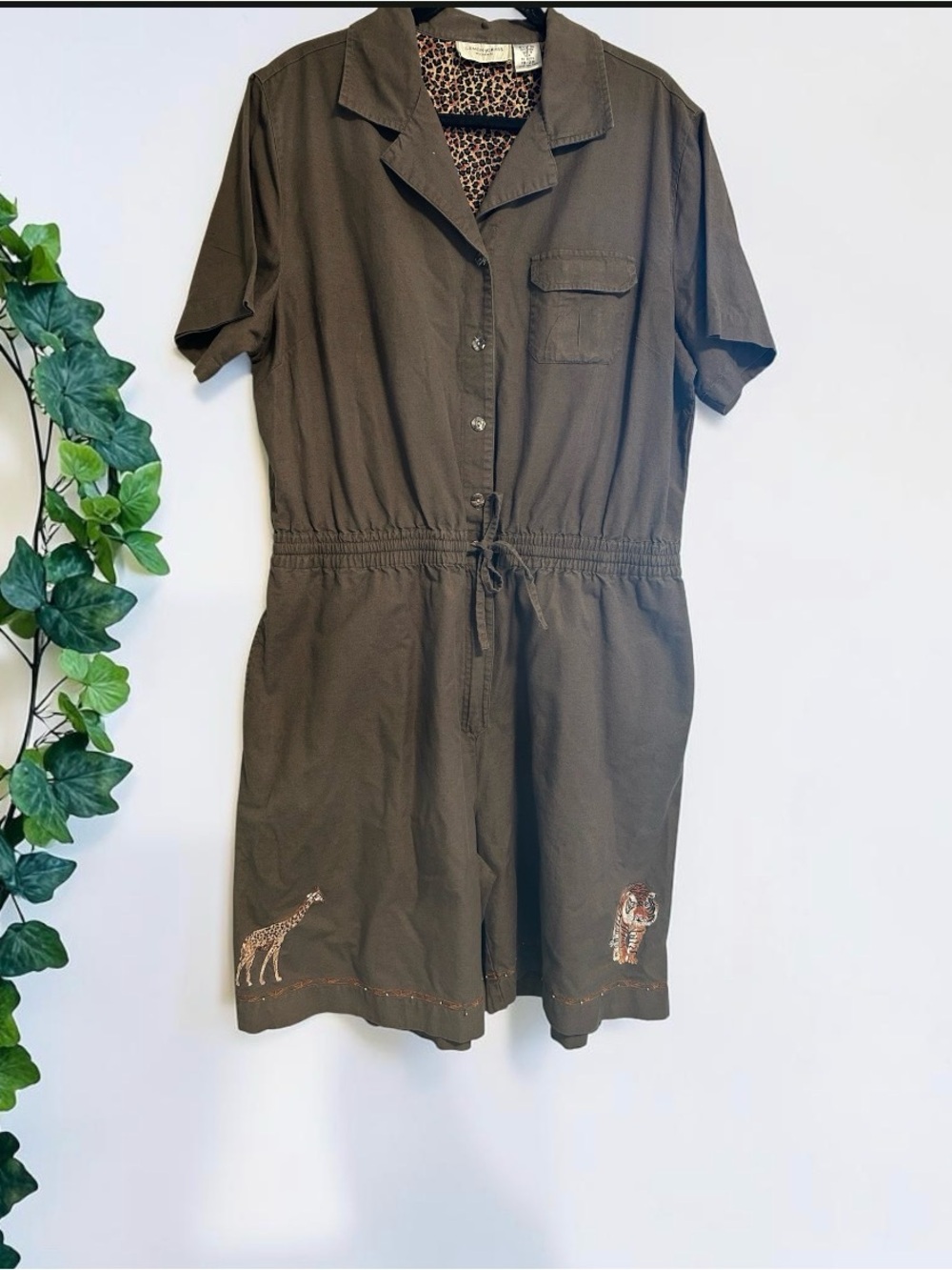Lemon Grass Brown Short Sleeve Utility Romper Shorts with Animal Embroidery